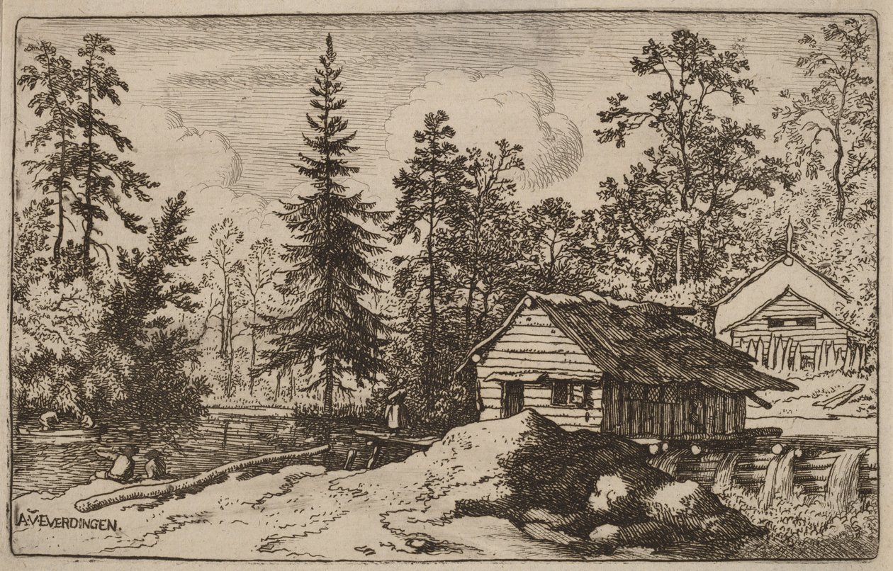 Femme dans un paysage fluvial regardant vers un bateau - Allart van Everdingen