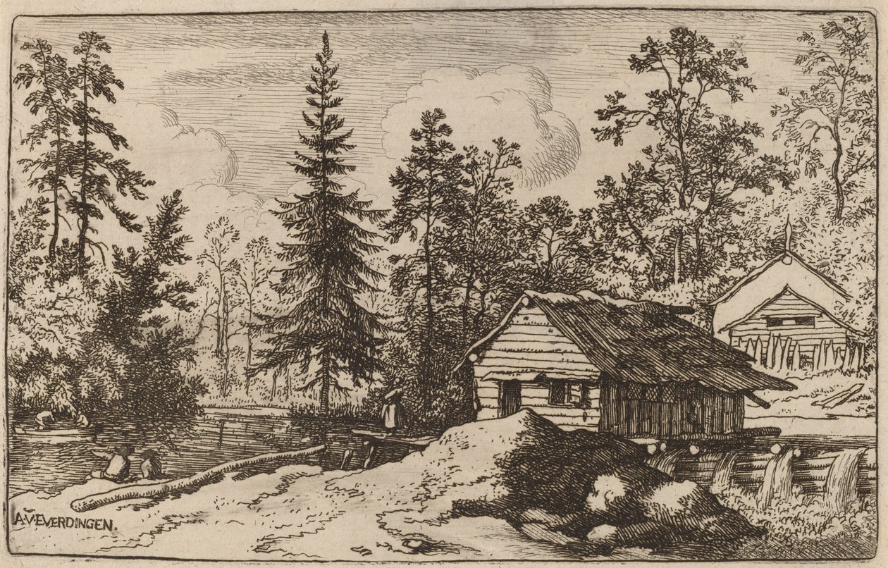 Femme dans un paysage fluvial regardant vers un bateau, probablement vers 1645-1656 - Allart van Everdingen