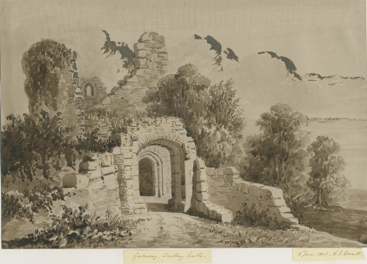 Château de Dudley - La Porte : dessin au lavis rouge-sépia - Allen Edward Everitt