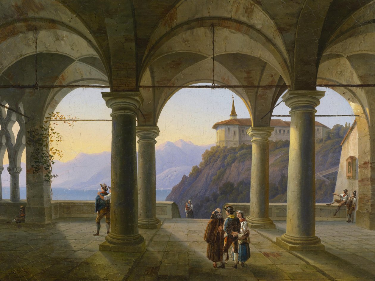 Terrasse à piliers avec personnes et vue sur un lac de montagne - Alois Gustav Schulz