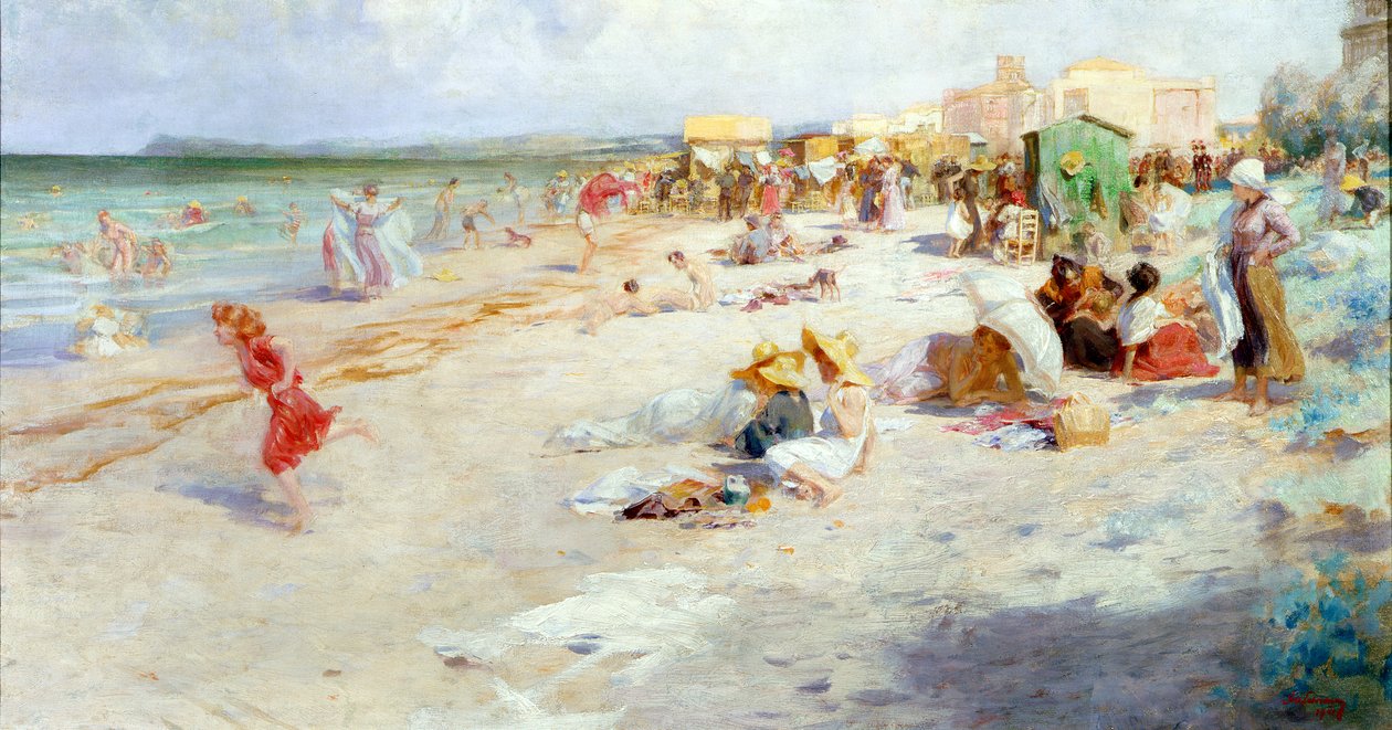 Une plage animée en été - Alois Hans Schram