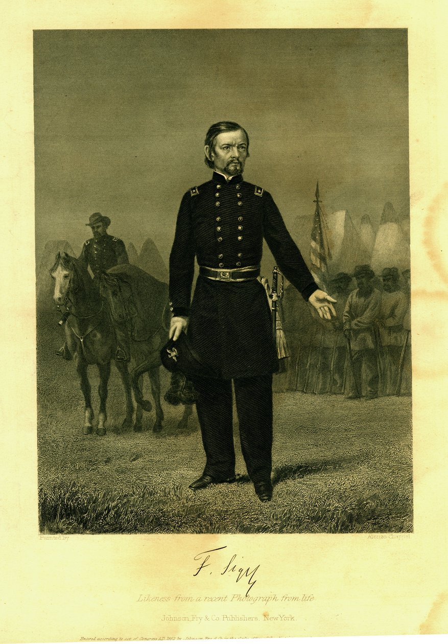 Impression du général Siegel en uniforme avec une épée. Soldats avec un drapeau de bataille - Alonzo Chappel