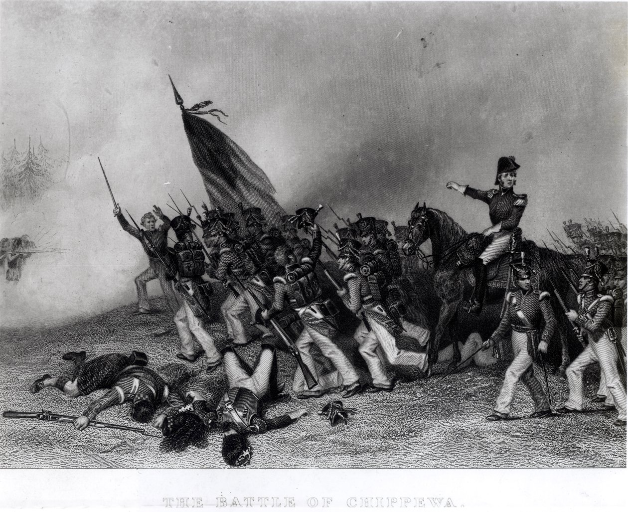 La Bataille de Chippewa, le général Scott ordonnant la charge du bataillon de McNeil, 5 juillet 1814, gravée par Johnson, Fry und Co. (gravure) (photo nb) - Alonzo Chappel