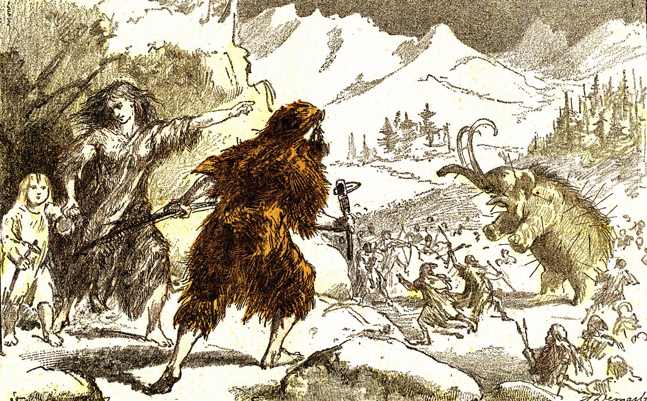 Préhistoire - chasse au mammouth. Période glaciaire : Création naturelle et êtres vivants. Dessin par A. Demarle. 1885 - Alphonse Demarle
