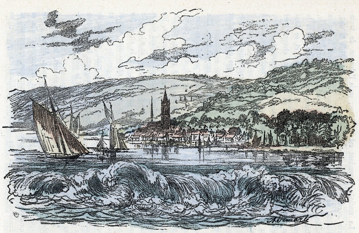 Vue du mascaret de la Seine à Caudebec-en-Caux (Caudebec en Caux) en Seine-Maritime, Normandie. Gravure tirée de « La Nature et l