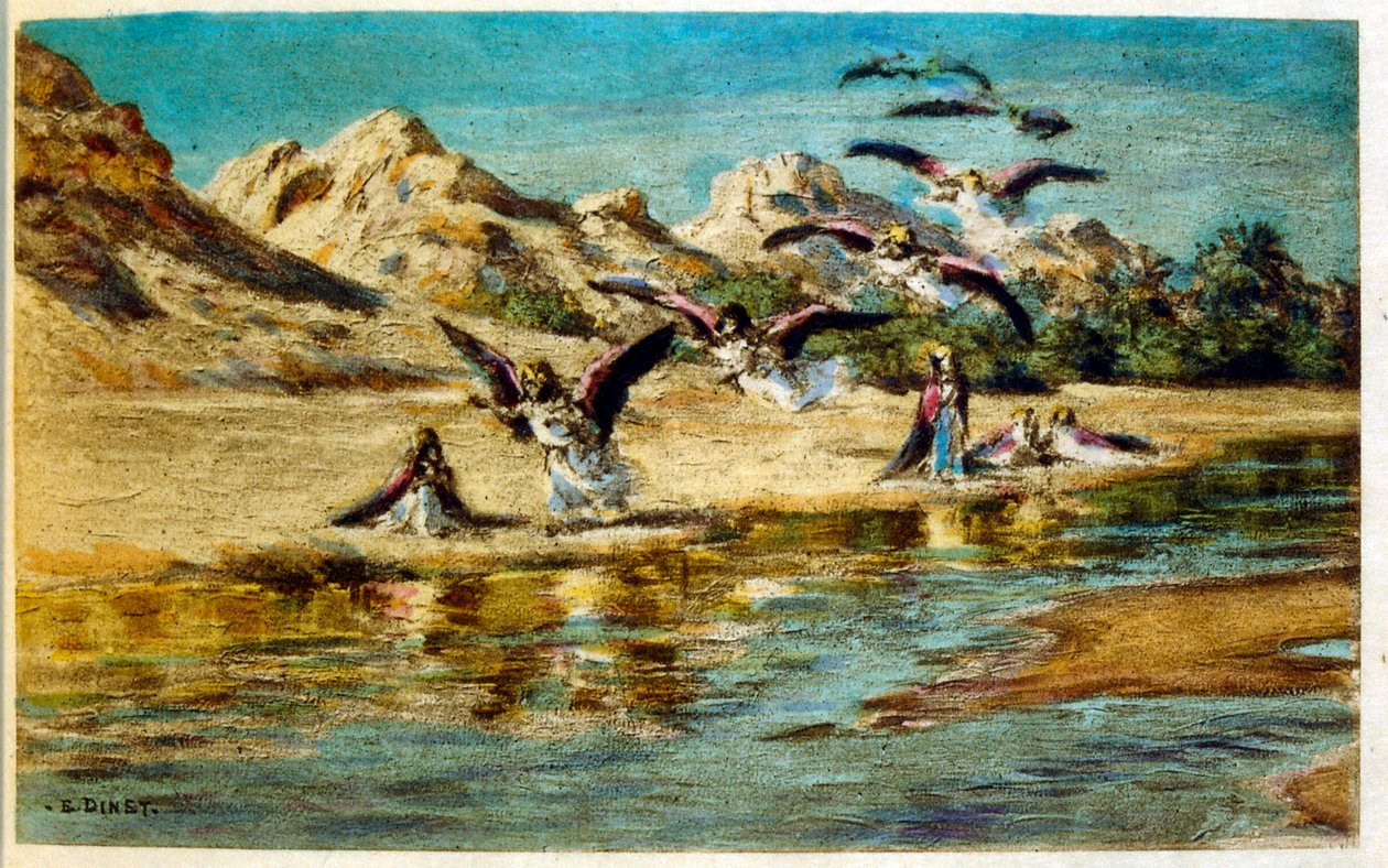 Illustration de Dinet tirée de "Mirages" Scènes de la vie arabe. 1906. Mirages, Scènes de la vie arabe a été illustré par Etienne Dinet et commenté par Silman Ben Ibrahim Bamer. Nasreddine Dinet est né sous le nom d