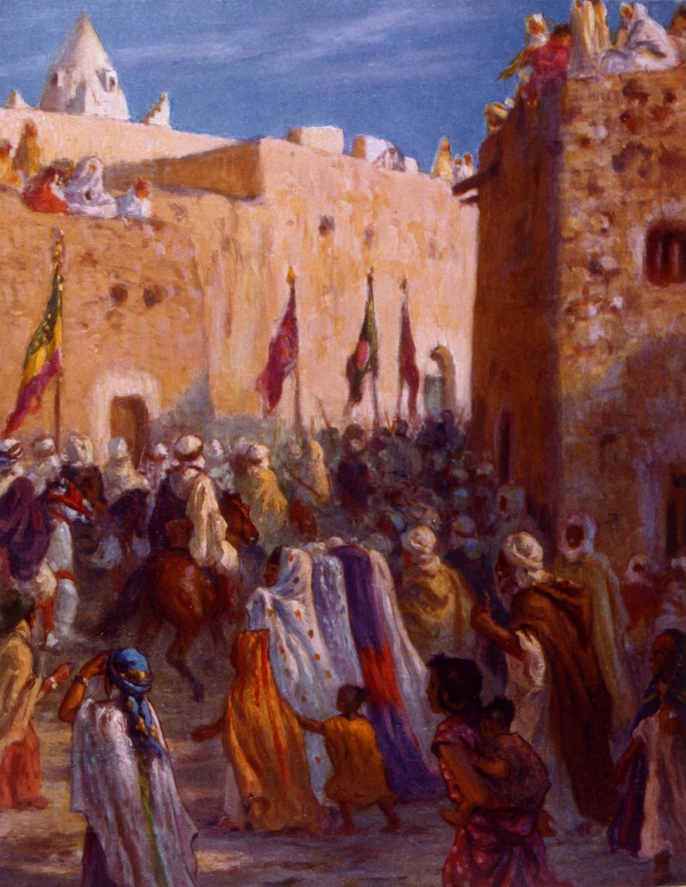 Illustration représentant des guerriers arabes musulmans quittant une ville pour se lancer dans le Jihad ou la Guerre Sainte - Alphonse Etienne Dinet