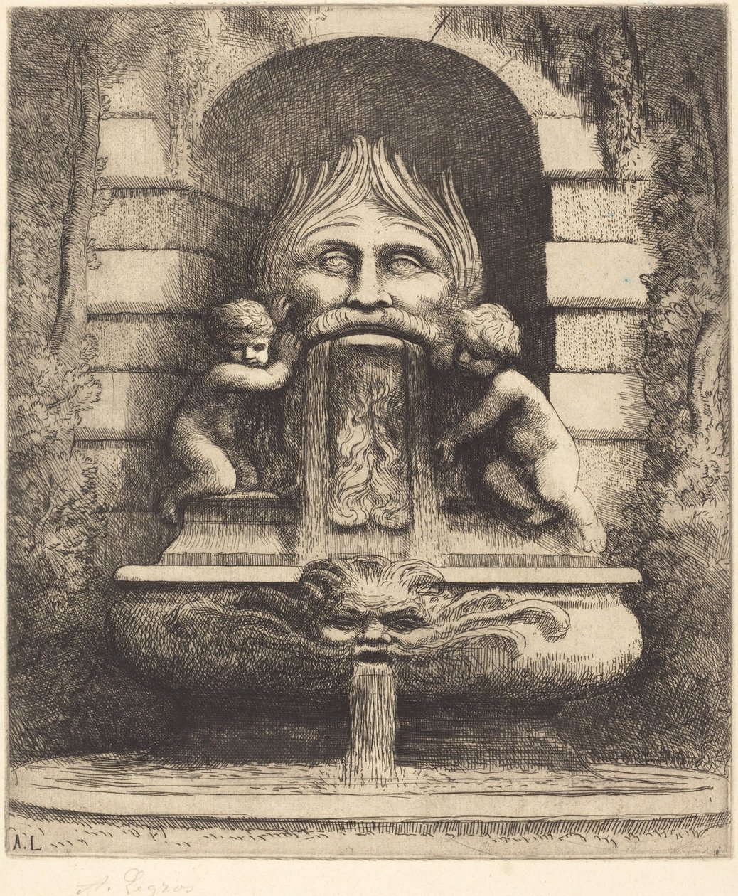 Une fountaine: Masque, enfants et bassin - Alphonse Legros