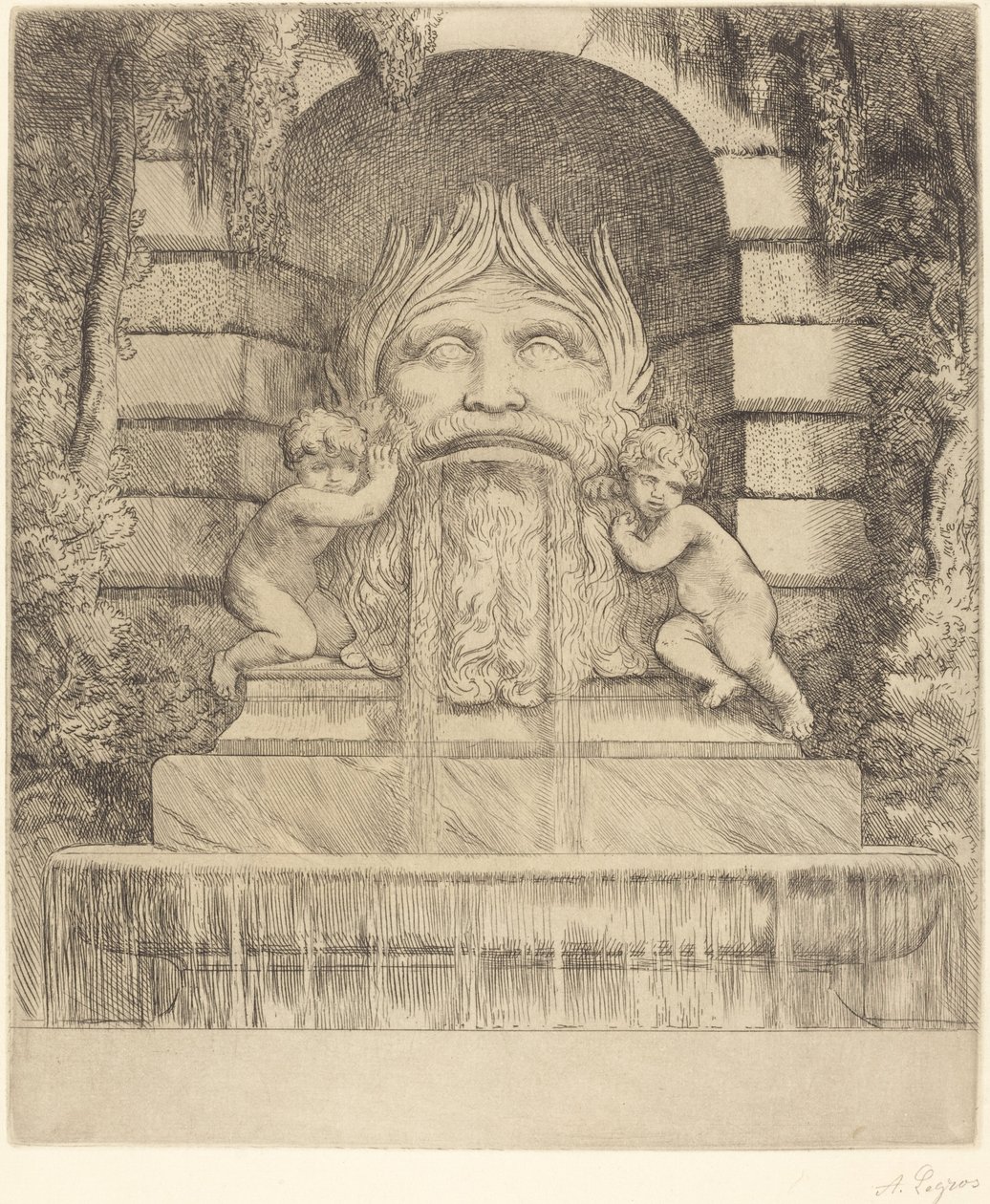 Fontaine: Grotesque, enfants et bassin - Alphonse Legros