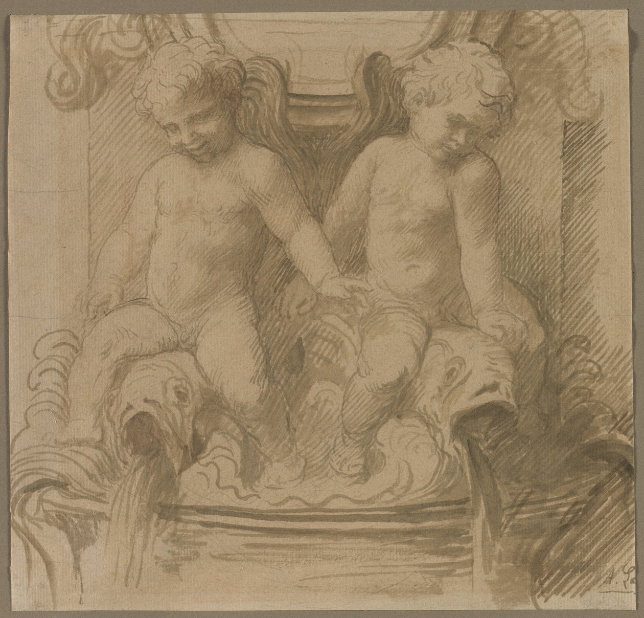 Fontaine avec putti chevauchant des dauphins - Alphonse Legros
