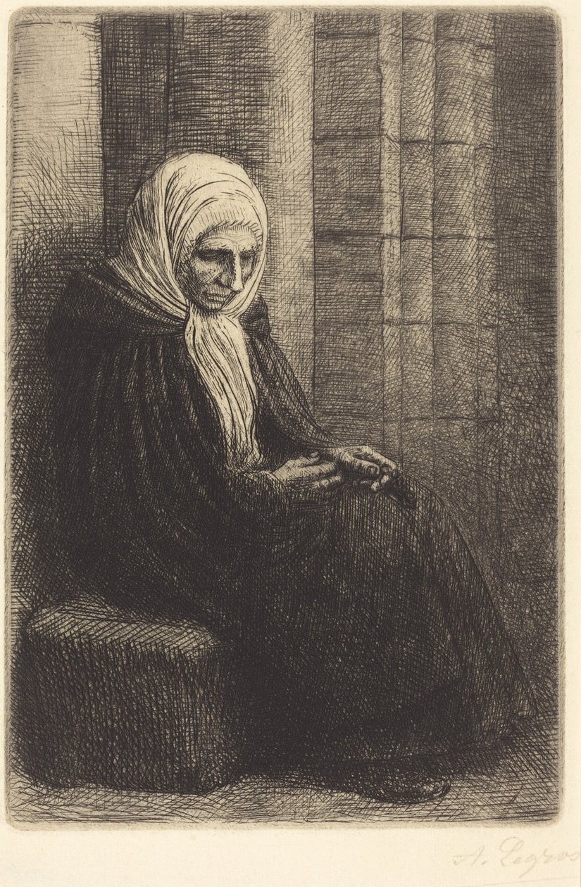 Femme assise adossée à un mur, enfant la tête sur ses genoux (Femme assise, muraille au fond, enfant la tête dans son giron) - Alphonse Legros