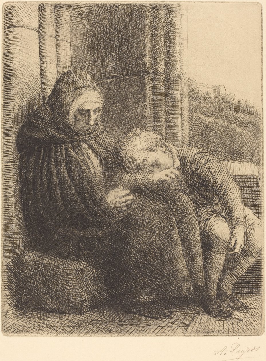 Femme assise contre un mur, enfant avec sa tête sur ses genoux - Alphonse Legros
