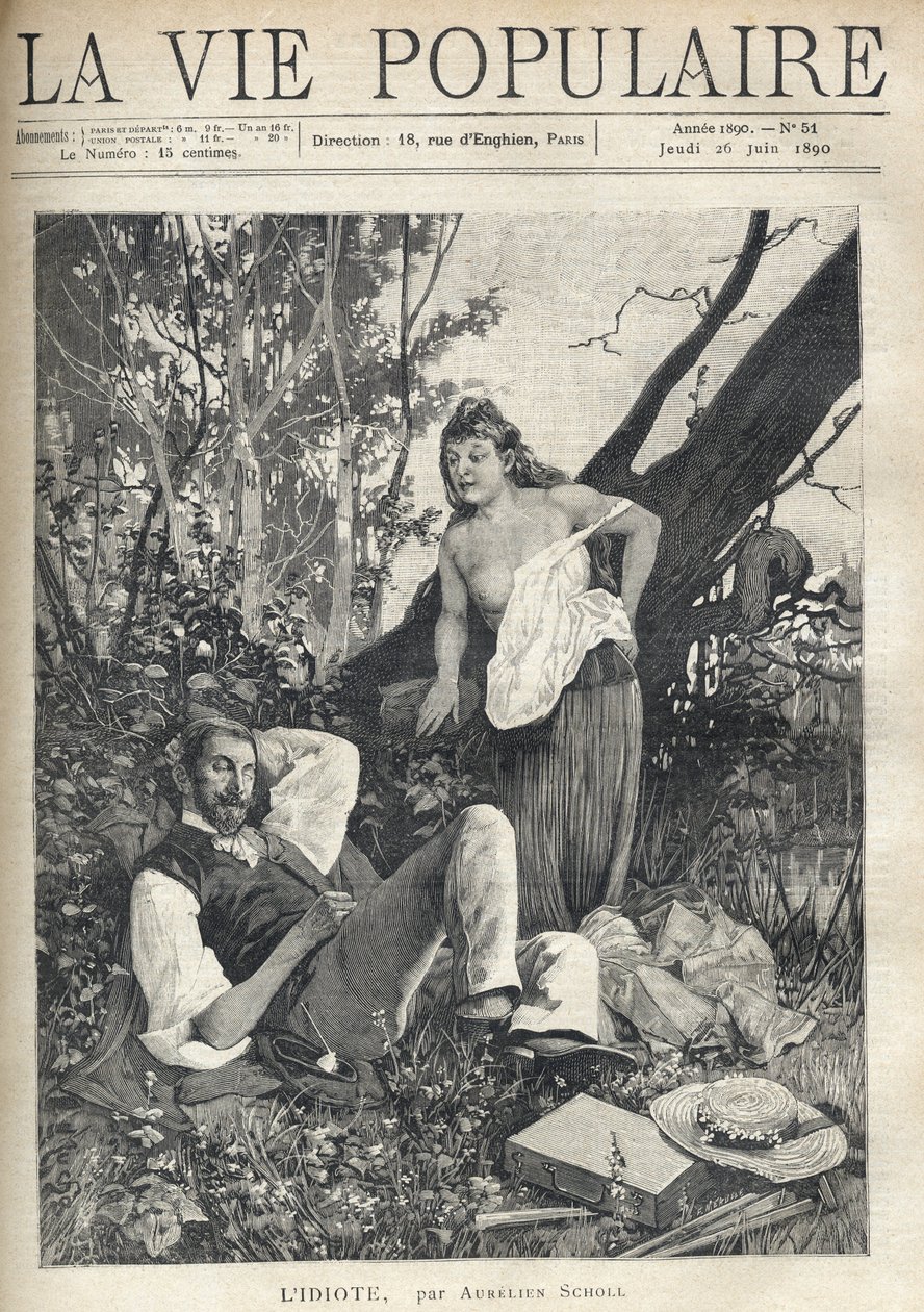 Une jeune femme, décoiffée, dénudée, poitrine apparente, se penche avec confiance et amusement vers un peintre allongé, dormant en pleine nature, veste, chapeau, matériel et pipe éparpillés sur le sol. Illustration par Alfons Maria Mucha (Alphonse Marie Mu - Alphonse Mucha