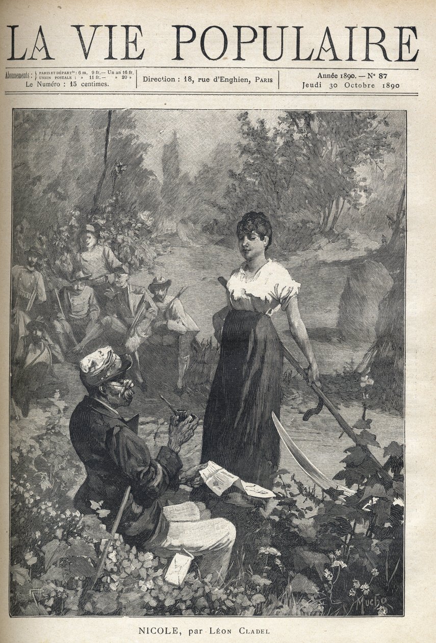 Un vieil homme lit une lettre à une belle jeune paysanne tenant une faux. Des chasseurs observent la scène au loin. Illustration par Alfons Maria Mucha - Alphonse Mucha