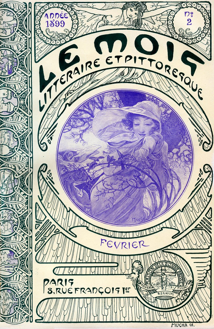 Couverture du magazine (mensuel) Le Mois littéraire et pittoresque par Alphonse Mucha (1860-1939) : mois de février 1899 - Maison de la Bonne Presse - Alphonse Mucha