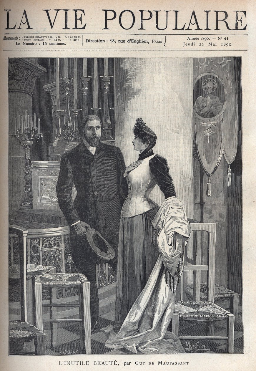 Dans une église, un beau et élégant couple se lève parmi les bougies et prie Dieu. Illustration par Alfons Maria Mucha - Alphonse Mucha
