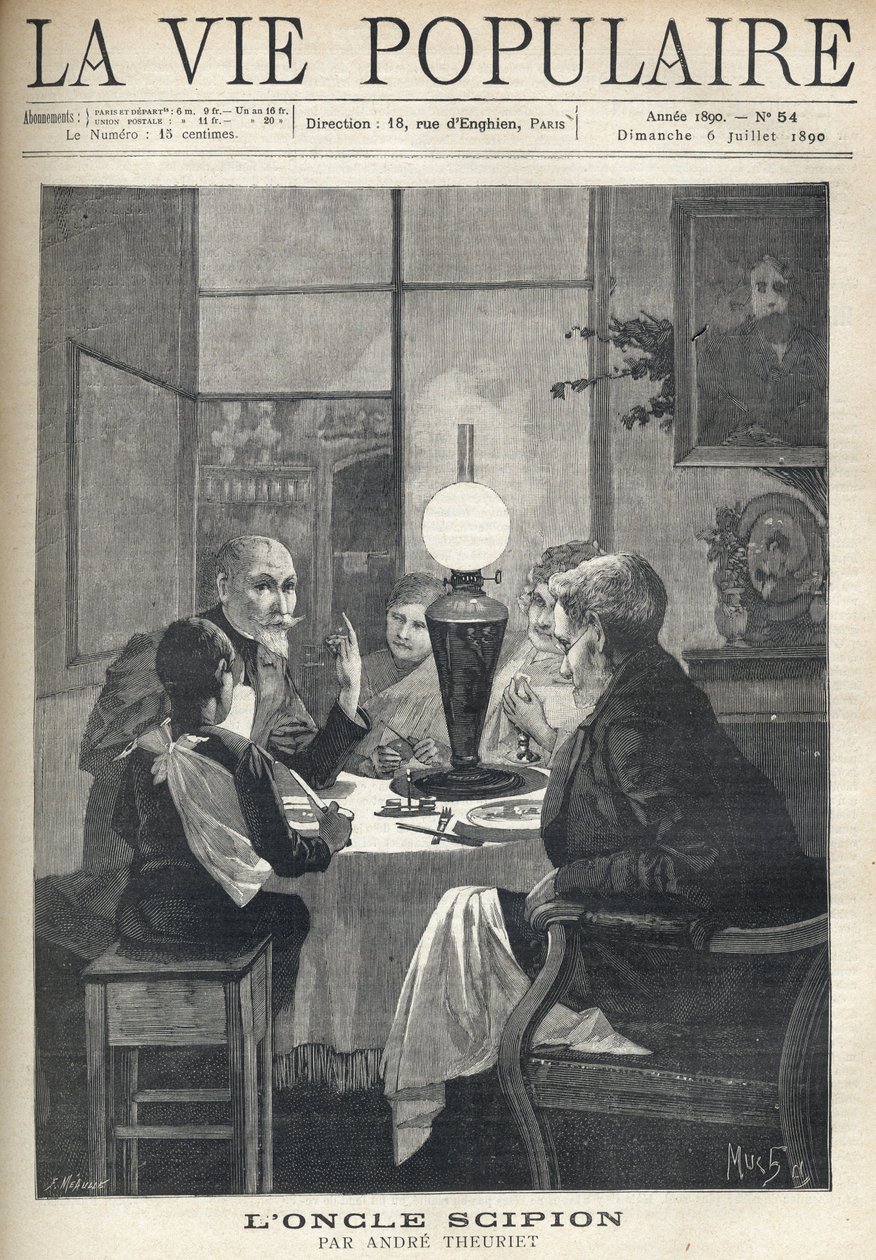 Scène de vie familiale : autour de la table à dîner, une famille est réunie, éclairée par une lampe à huile et écoute attentivement un oncle en visite, les yeux brillants et la main marquant les points forts de son histoire. Illustration par Alfons Maria M - Alphonse Mucha