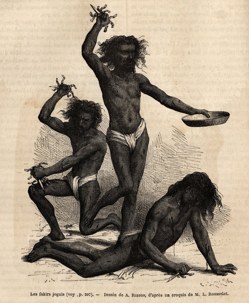 Joguis fakirs, à la foire de Bhopal, sont des mendiants religieux qui, presque nus et leurs cheveux épars, se promènent en criant et en exécutant une sorte de danse macabre, brandissant de longues dagues acérées ornées de chaînettes en acier, qu