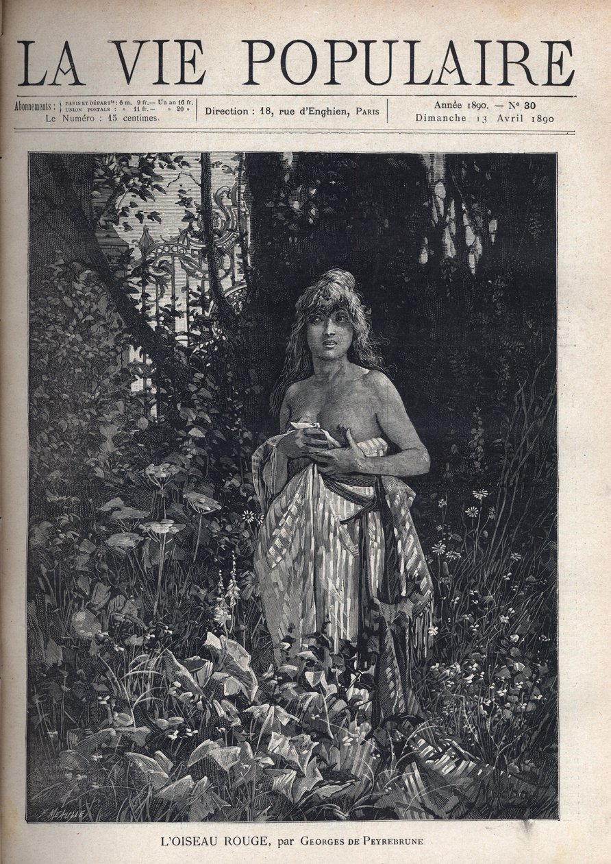Une jeune femme nue, debout et décoiffée, couvrant son corps avec une couverture, entourée de végétation et d
