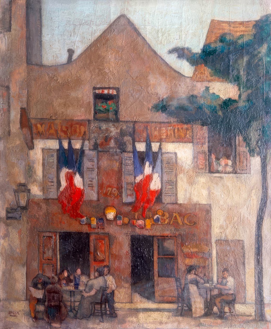 Vue de la façade du célèbre restaurant parisien à Montmartre, avec des drapeaux à la fenêtre et des gens à une table. - Alphonse Quizet