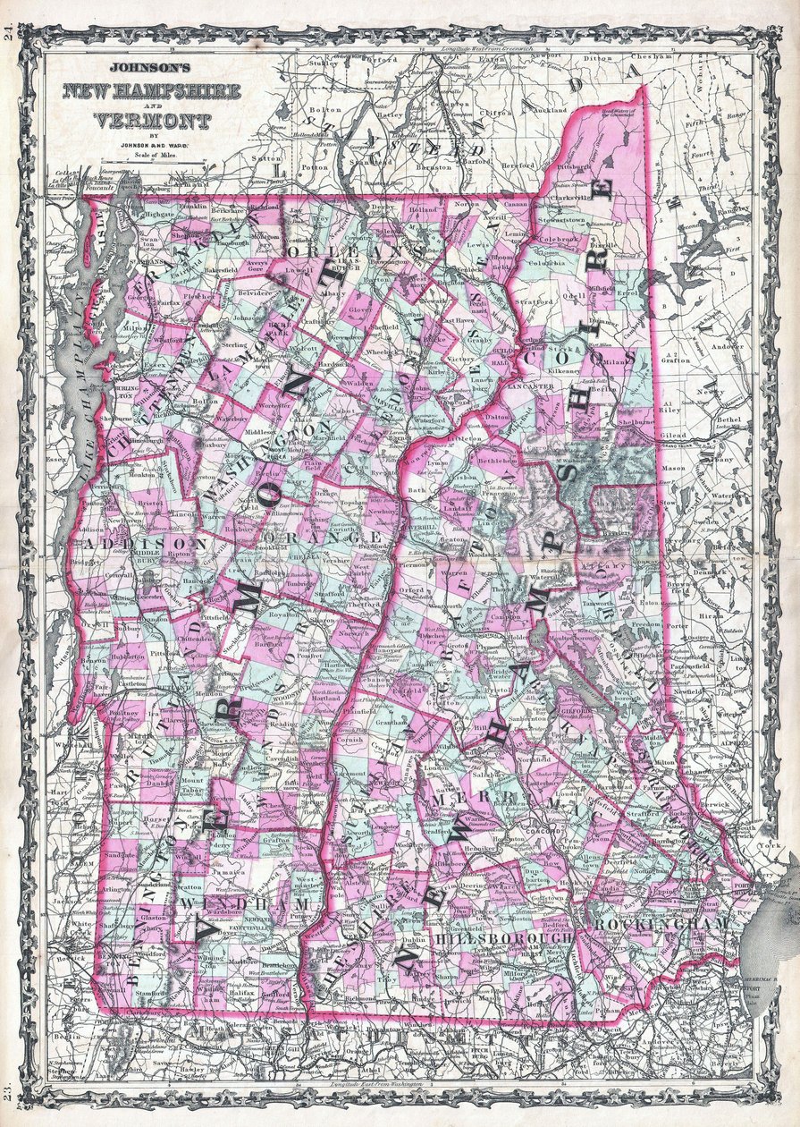 Carte du New Hampshire et du Vermont par Johnson - Alvin Jewett Johnson