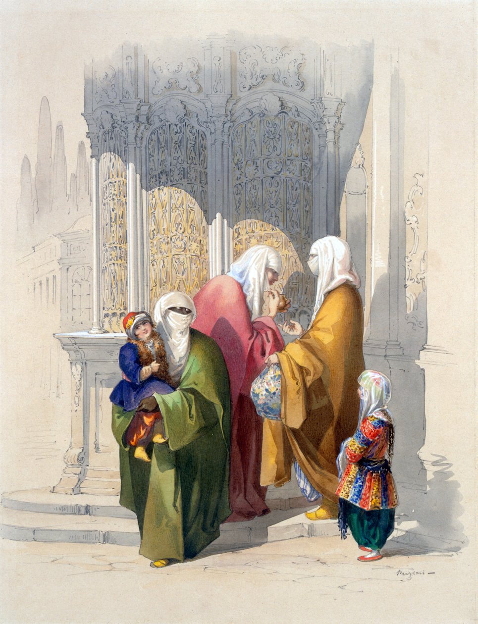 Scène de rue avec passants, y compris une femme noire africaine pauvre et un enfant, esclave ou esclave affranchi, de 