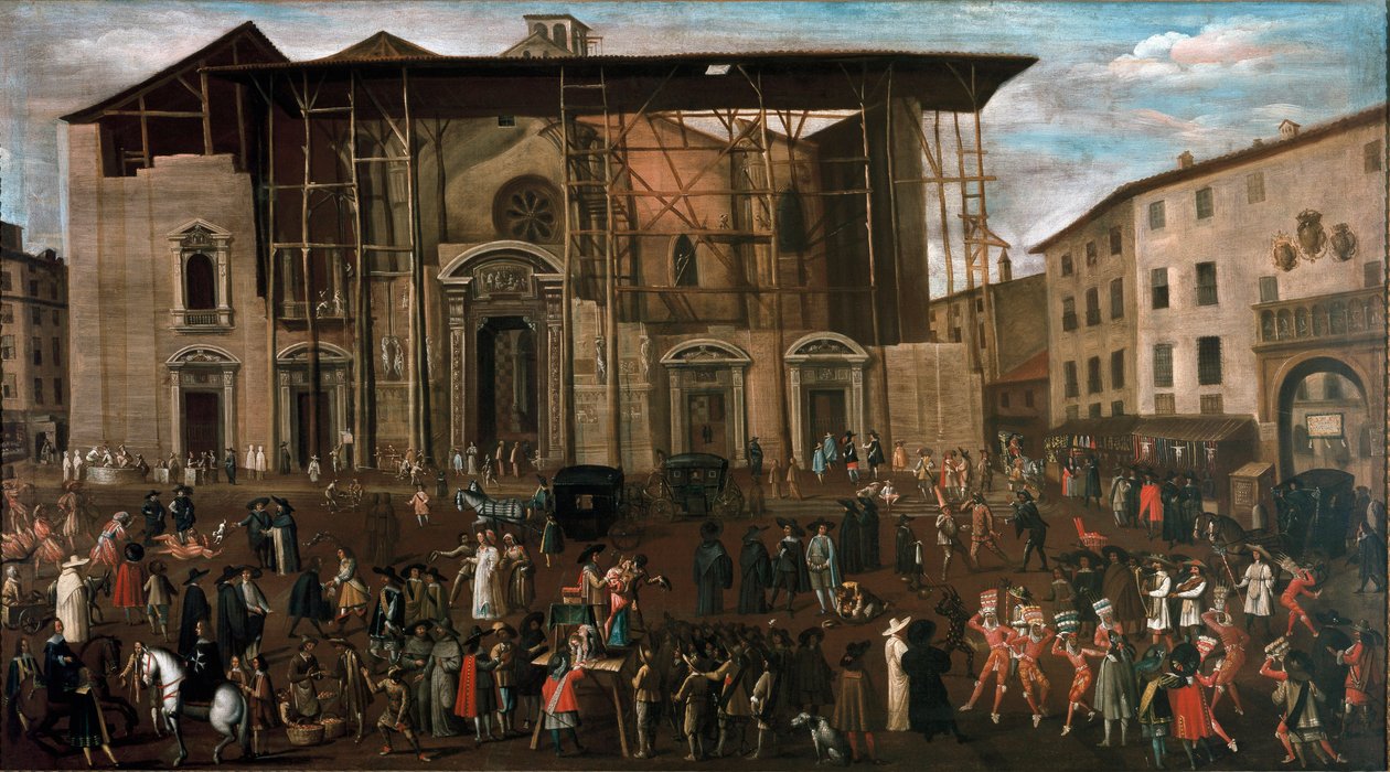 Vue de la place des Marchands avec des scènes de carnaval (huile sur bois) - Amanzia Guerillot Inganni