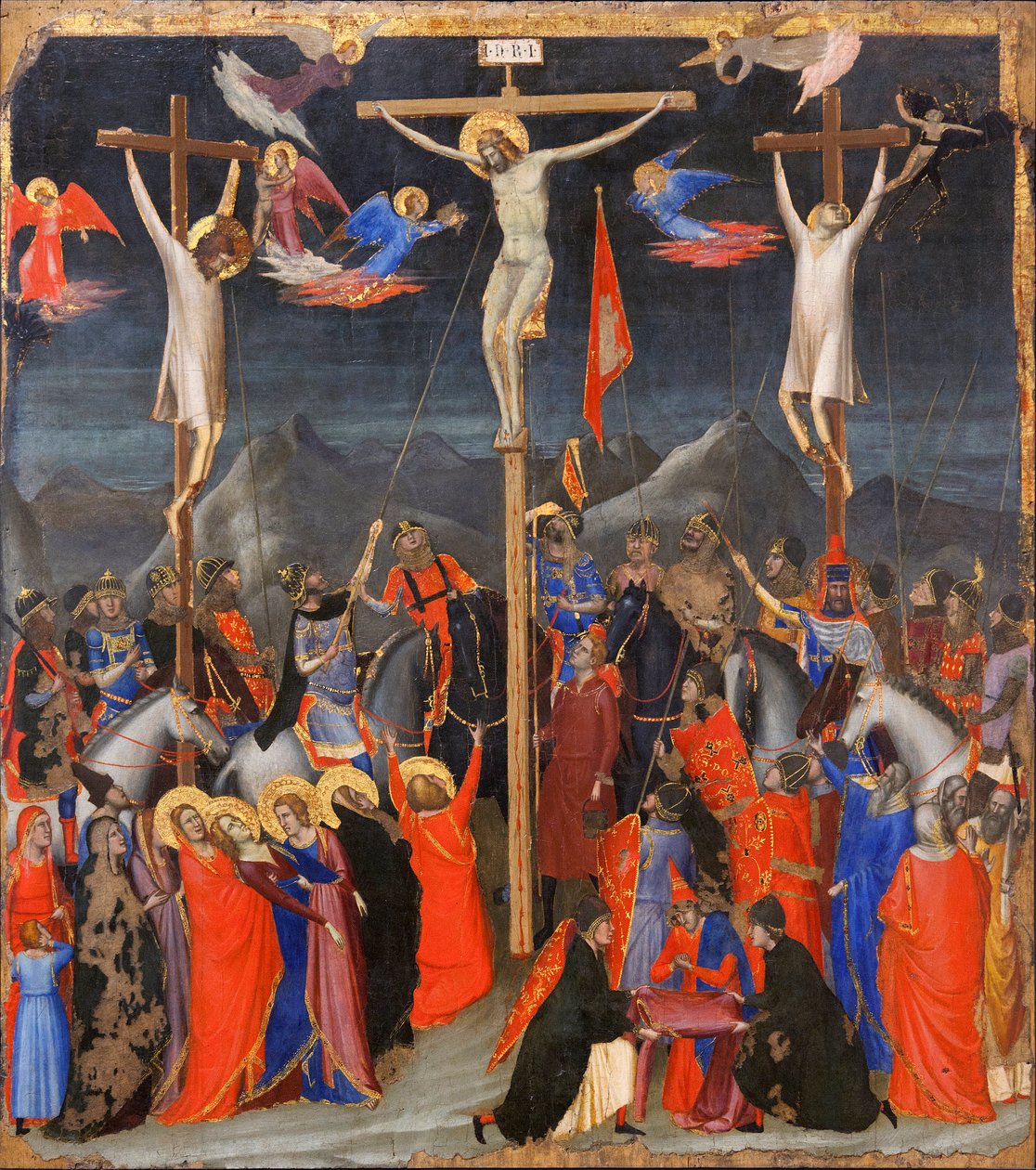 La Crucifixion - Sur les côtés, représentation du bon larron (aussi appelé Saint Dismas) et du mauvais larron (Gesmas), deux voleurs crucifiés avec Jésus-Christ - Inscription INRI sur la croix - Peinture de Gio - Ambrogio Bondone (workshop) Giotto