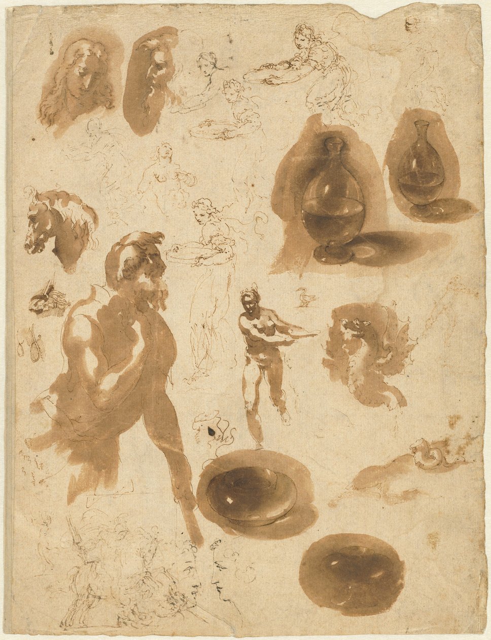 Études de bocaux en verre et de figures (recto) - Ambrogio Figino