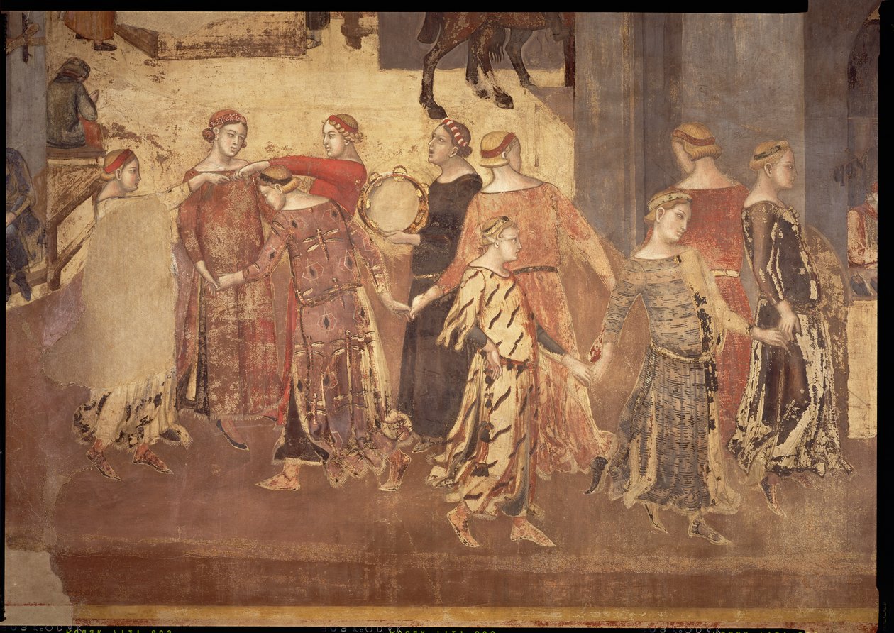 Effets du Bon Gouvernement dans la Ville, détail de danseurs et joueurs de tambourin, 1338-40 - Ambrogio Lorenzetti