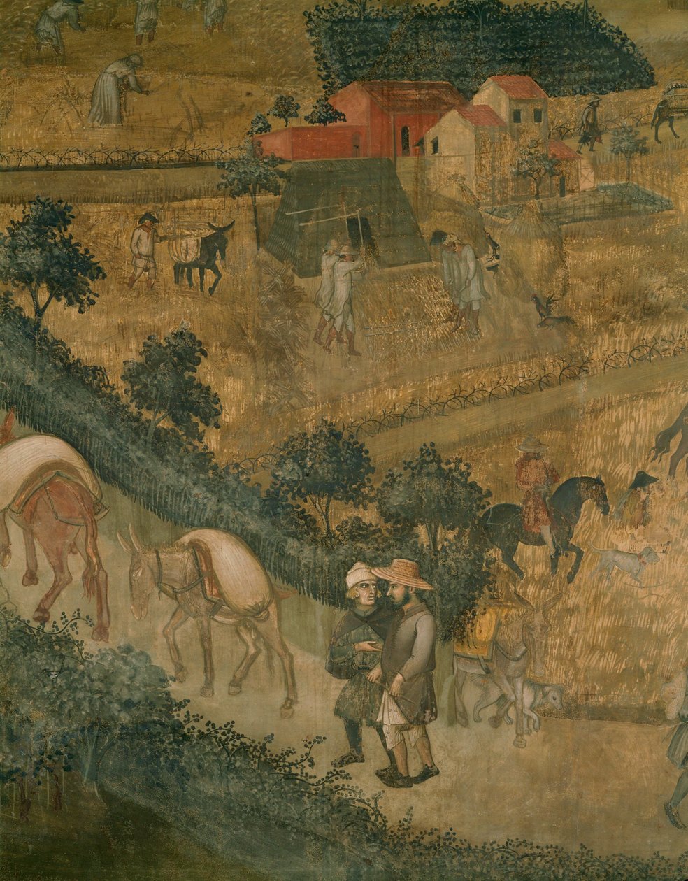 Paysage avec des ânes portant des sacs (fresque) - Ambrogio Lorenzetti