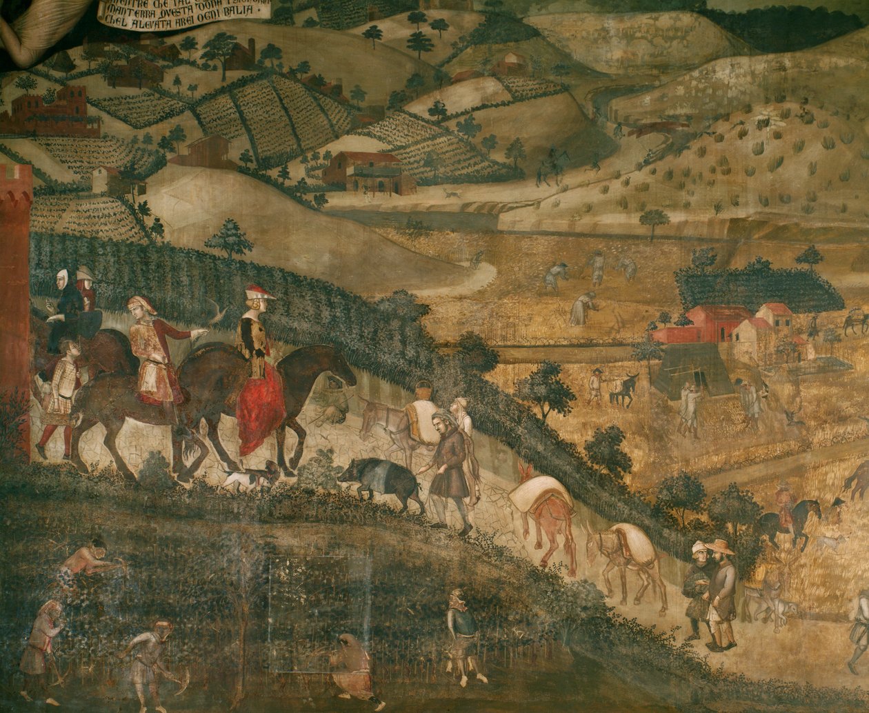 Paysage avec des paysans et un groupe de chasseurs (fresque) - Ambrogio Lorenzetti