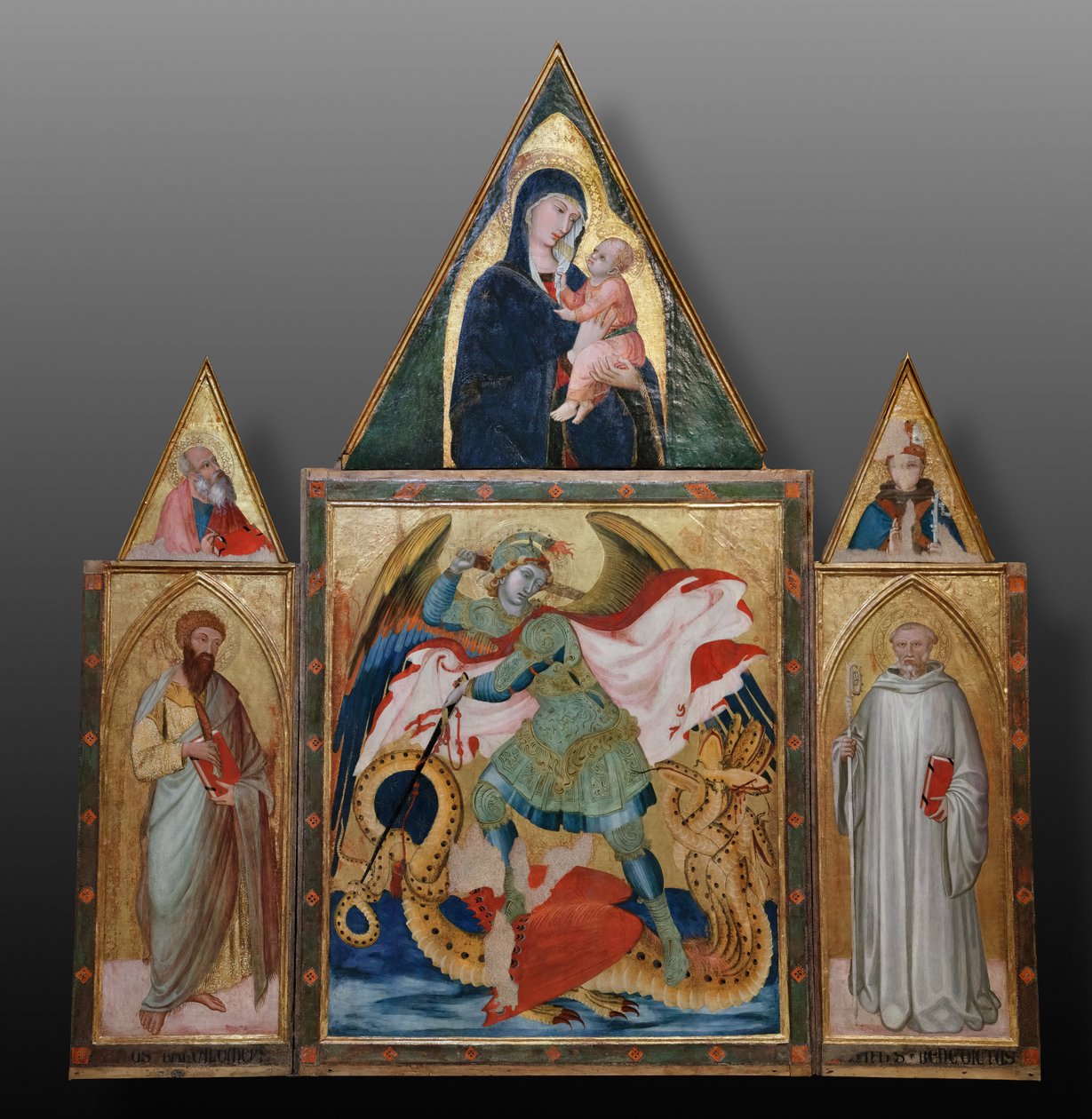 Saint Michel Archange terrassant le dragon entre les saints Benoît et Barthélemy - Ambrogio Lorenzetti