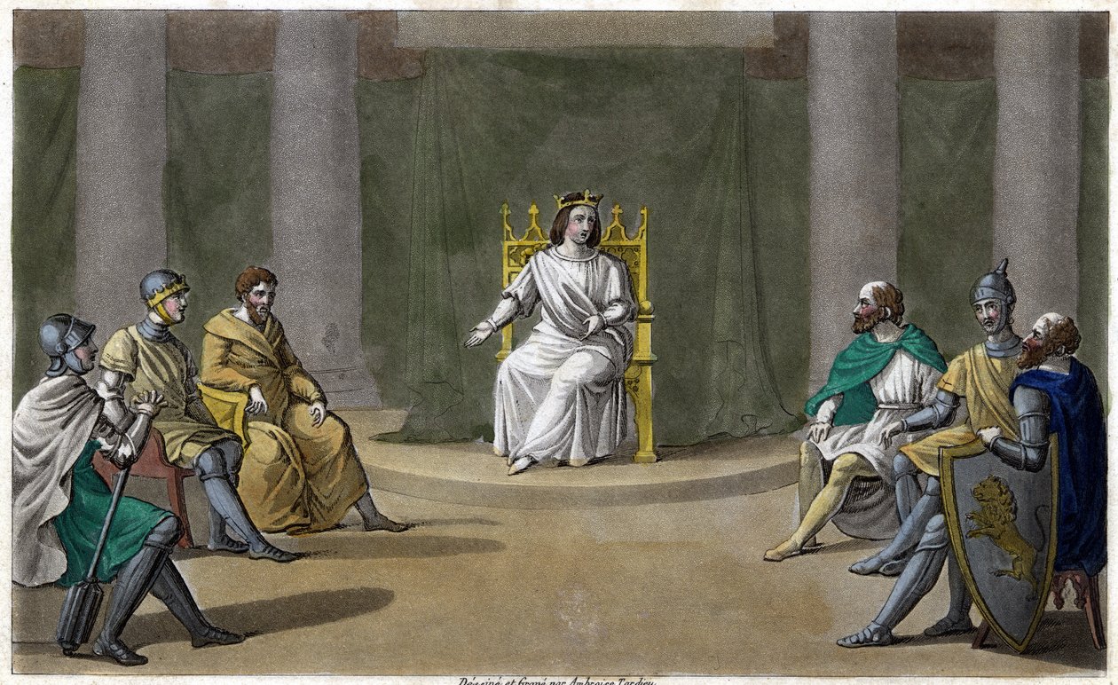 Caribert ou Chérebert, roi de Paris (561 - 567), tenant conseil, où il rendait justice. Dessiné et gravé par Ambroise Tardieu en 1825 - Ambroise Tardieu