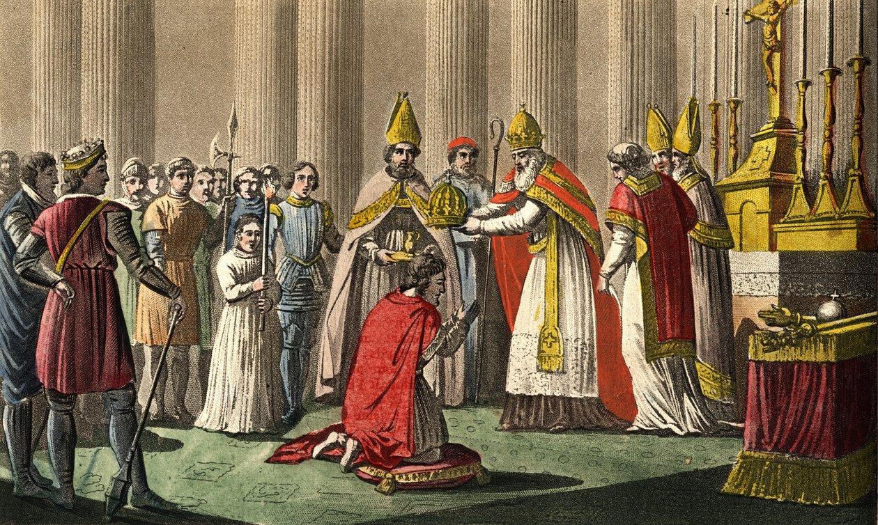 Charlemagne (742-814) couronné par le pape Léon III (c750-816) à la basilique Saint-Pierre de Rome le 25 décembre 800 - Sacre de Charlemagne (742-814) en 800 par le pape Léon III. Dessiné et gravé par Ambroise Tardieu en 1825. - Ambroise Tardieu