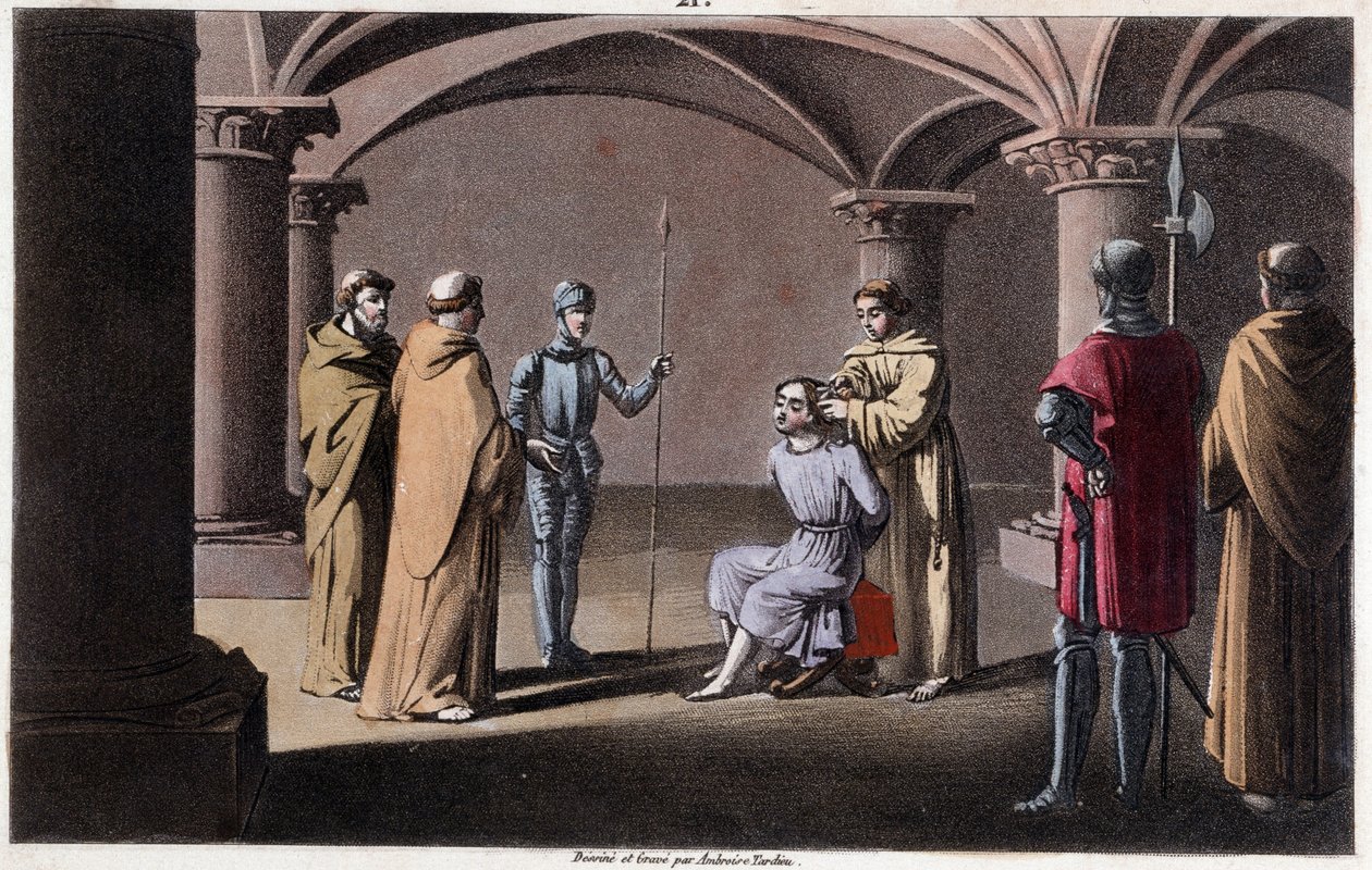 Childéric III détrôné et enfermé par Pépin le Bref dans un monastère à Saint-Omer entre 742 et 749. Dessiné et gravé par Ambroise Tardieu en 1825 - Ambroise Tardieu
