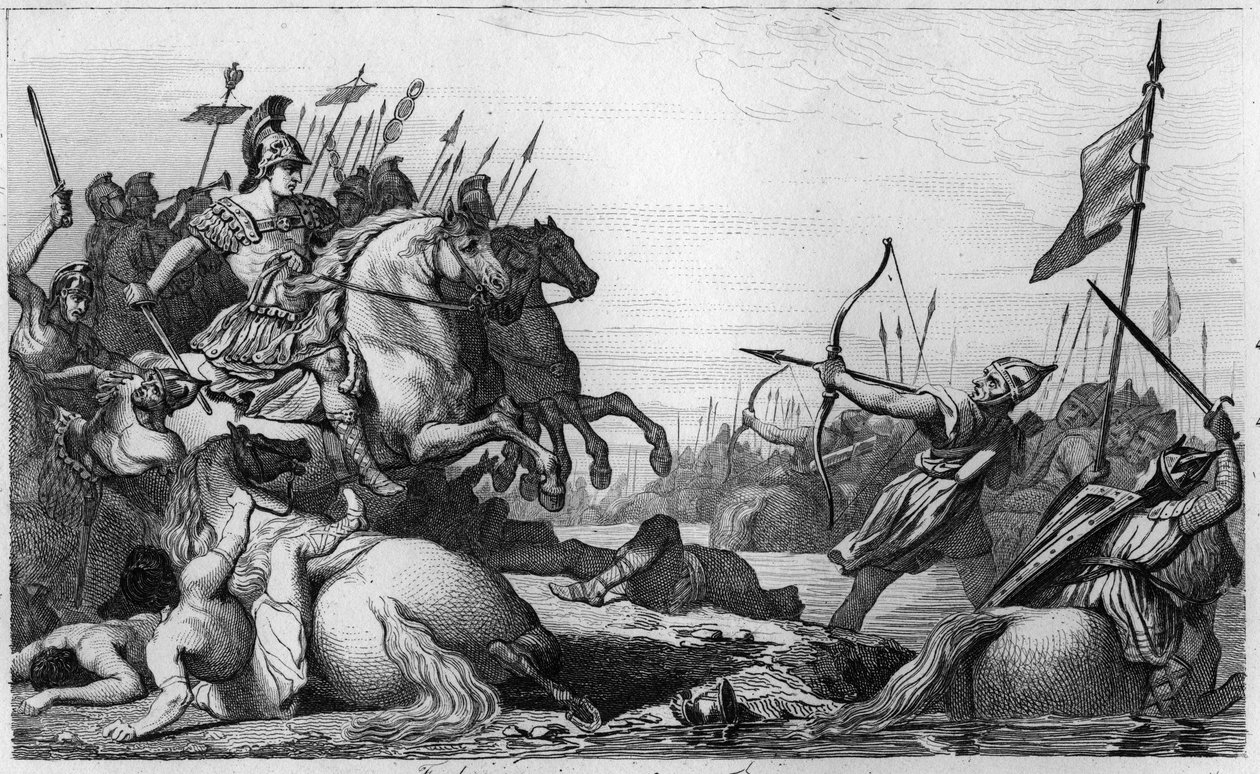 Clodion, Le Chevelu (c428-47) se retire à travers le pont après sa défaite par Aetius - Clodion dit « Le Chevelu » (ca. 428-ca. 448), ancêtre des Mérovingiens, chef des Francs Saliens - Clodion est vaincu par Aetius, général de Valentinien III - Ambroise Tardieu