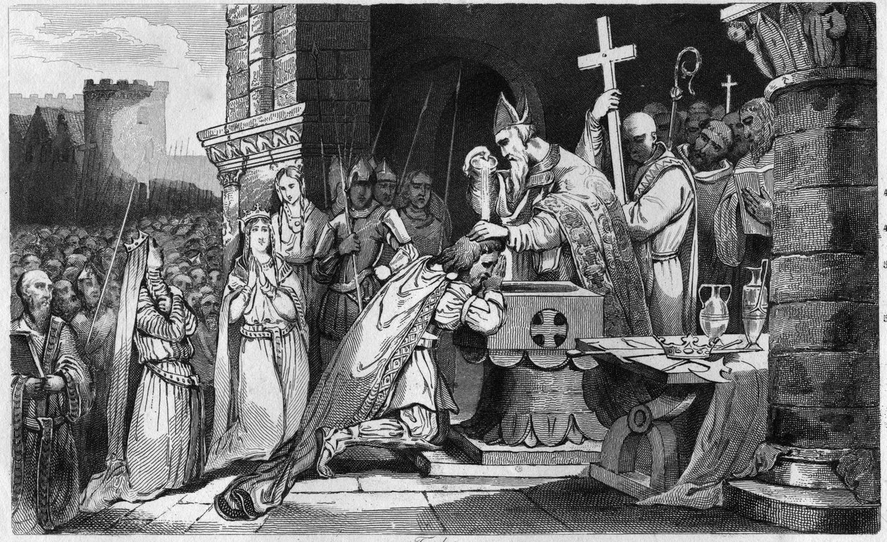 Clovis Ier (465-511) baptisé avec des hommes de son armée avant la bataille de Tolbiac - Baptême de Clovis Ier, 25 décembre 496 : le roi des Francs (466-511) est baptisé par Saint Rémi (437-533), évêque de Reims, dans l