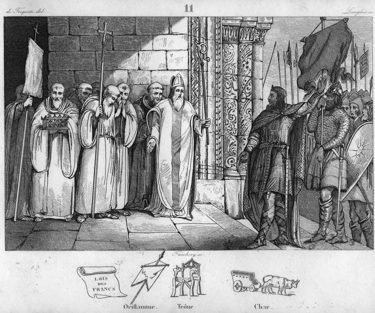 Dagobert 603 à 639 descendant la bannière à Saint-Denis - Dagobert Ier, roi des Francs, ayant créé l