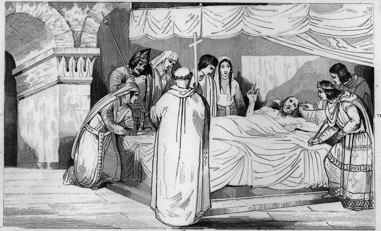 Mort de Pépin de Herstal (635-714) entouré de sa famille - Gravure de 1825 dans « Histoire de France représentée par des tableaux synoptiques » - Ambroise Tardieu