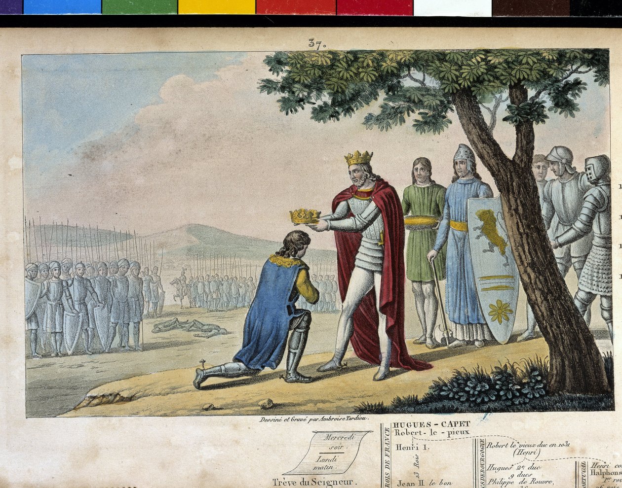 Henri I (1008 - 1060), dynastie capétienne. Vainqueur de son frère Robert le Vieux, il lui pardonna et lui donna le duché de Bourgogne en 1016 - Dessiné et gravé par Ambroise Tardieu en 1825. - Ambroise Tardieu