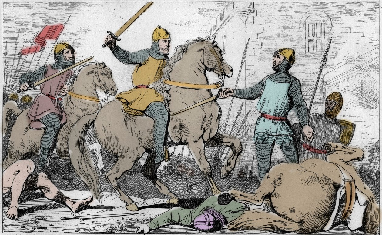 Hugues Capet (941-996) capture Charles de Lorraine en 988 - Fin de la dynastie carolingienne, 988 : arrestation de Charles (953-991), duc de Basse Lorraine, par Hugues Capet (941-996) et son armée - Gravure de 1825 dans « Histoire de France représentée par - Ambroise Tardieu