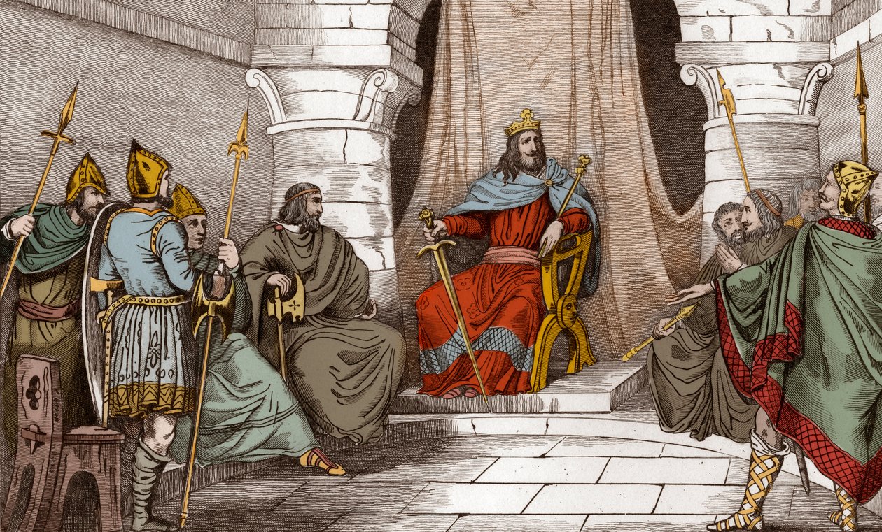 Roi Charibert (521-567) en conseil avec des magistrats - Gravure de 1825 dans « Histoire de France représentée par des tableaux synoptiques dédiée aux enfants de France » - Ambroise Tardieu