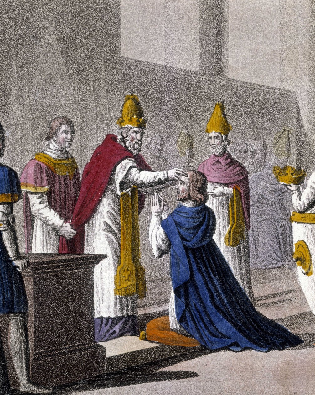 Louis II consacré une seconde fois au Concile de Troyes par Jean VIII en 879 (détail). Conçu et gravé par Ambroise Tardieu en 1825 - Ambroise Tardieu