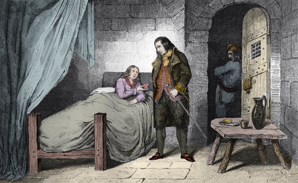 Louis XVII (1785-1795) malade et emprisonné - le Dauphin de France Louis XVII (1785-1795) malade dans la prison du Temple - Gravure de 1825 dans « Histoire de France représentée par des tableaux synoptiques dédiée aux enfants de France et employée pour leu - Ambroise Tardieu