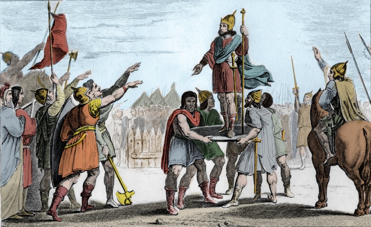 Pharamond Ier (c370-427), roi des Francs. Élevé sur un bouclier par son peuple qui l