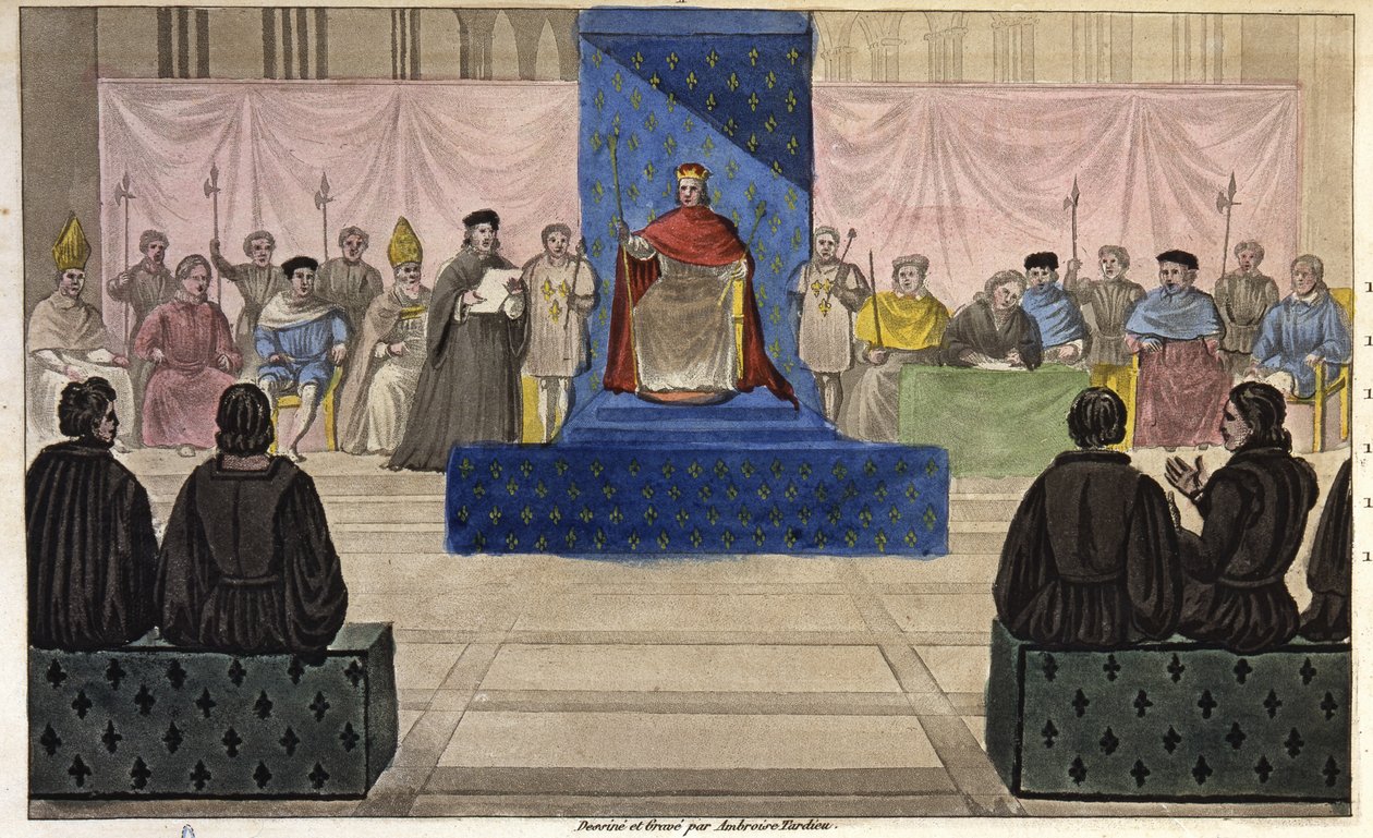 Philippe IV réunit au Louvre les États généraux, composés de clergé, de noblesse et de bourgeois notables ou tiers-état qui y fut admis pour la première fois en 1301 - Dessiné et gravé par Ambroise Tardieu en 1825. - Ambroise Tardieu