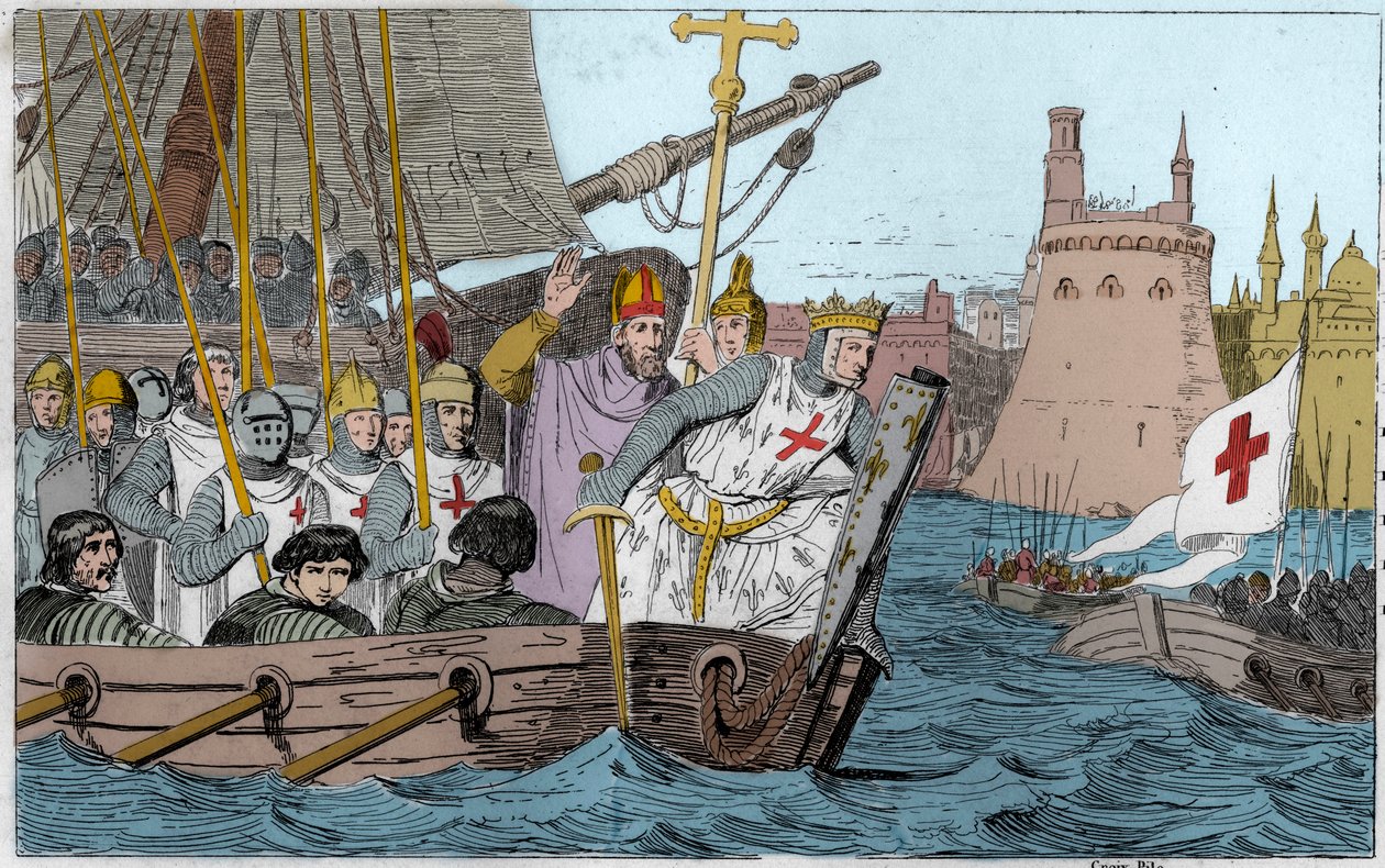 Septième Croisade : Saint Louis (1214-1270) et les Croisés assiégeant Damiette en juin 1249 en Basse-Égypte - Gravure de 1825 dans « Histoire de France » - Ambroise Tardieu