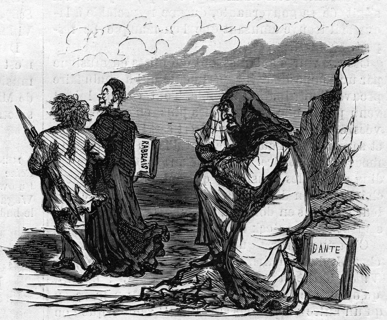 Le pauvre Dante commence à pleurer en voyant Gustave Doré bras dessus bras dessous avec ce petit homme Rabelais. Caricature de Cham. Gravure dans « Le Monde Illustré » n°821 du 4 janvier - Amédée de Noé