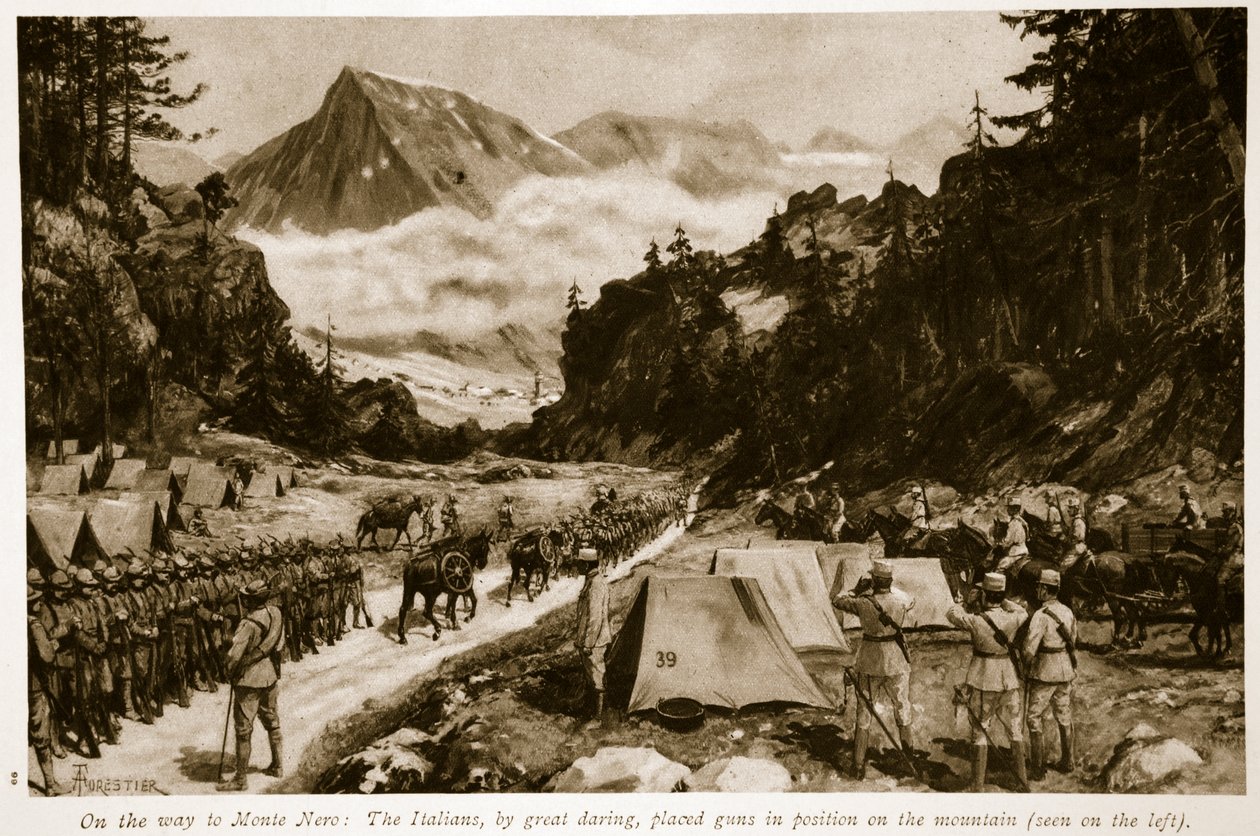 En route pour Monte Nero : Les Italiens, par grande audace, ont placé des canons en position sur la montagne, 1914-19 - Amedee Forestier